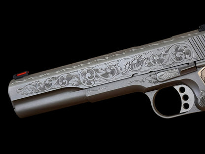 Kimber 1911 Stainless Target long slide hand engraved with custom grips. .45acp