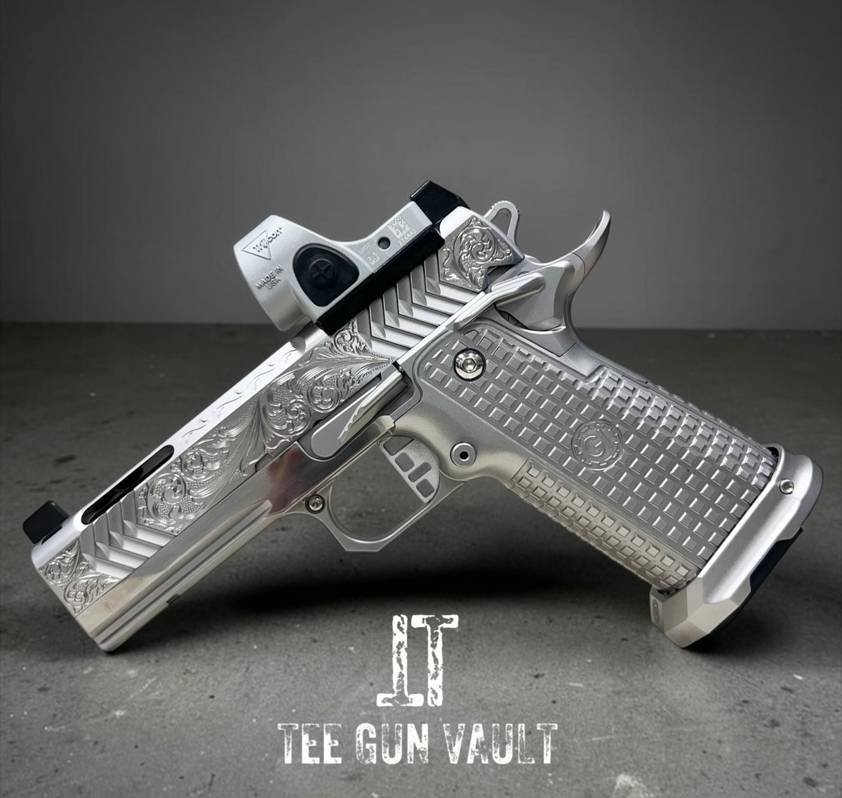 GUNCRAFTER POLARA X2 PORTED 4.25” COMMANDER FULL CHROME AND HAND ENGRAVED WITH MATCHING TRIJICON SILVER SRO