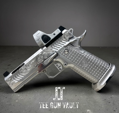 GUNCRAFTER POLARA X2 PORTED 4.25” COMMANDER FULL CHROME AND HAND ENGRAVED WITH MATCHING TRIJICON SILVER SRO