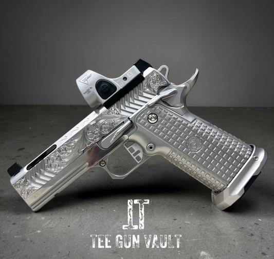 GUNCRAFTER POLARA X2 PORTED 4.25” COMMANDER FULL CHROME AND HAND ENGRAVED WITH MATCHING TRIJICON SILVER SRO