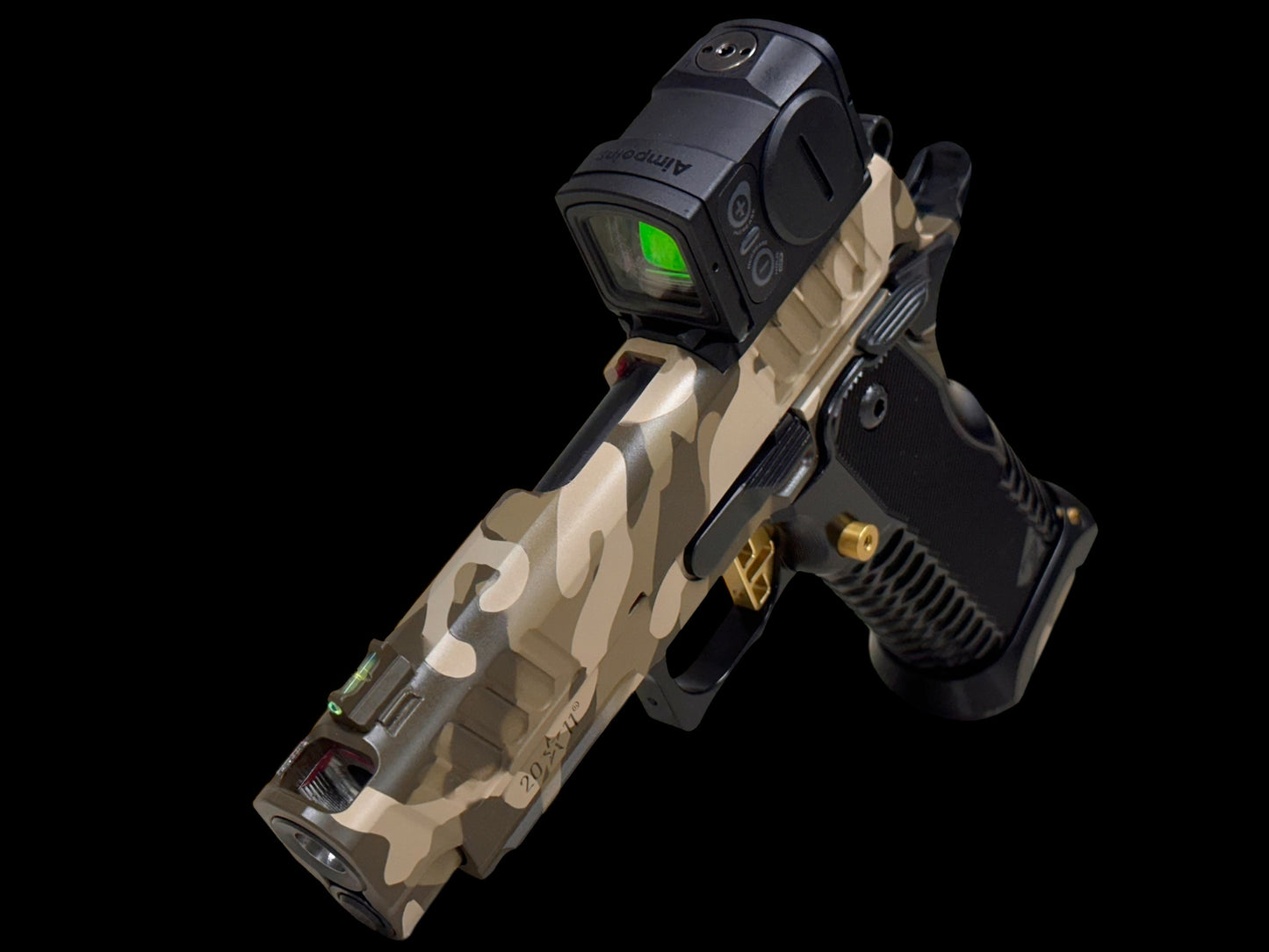 STACCATO CUSTOM C2 PORTED 3.9"
MULTICAM WITH T7 ALUMINUM GRIPS, AIMPOINT ACRO P2 & RED DIRT "GOLD" TRIGGER