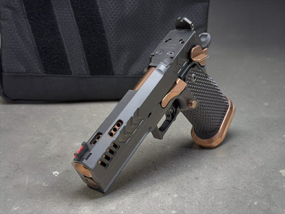 CNC GUNWORKS AKIRA PORTED 4.6”9MM  OPTIC READY IN BLACK DLC WITH ROSE GOLD BARREL AND PARTS.