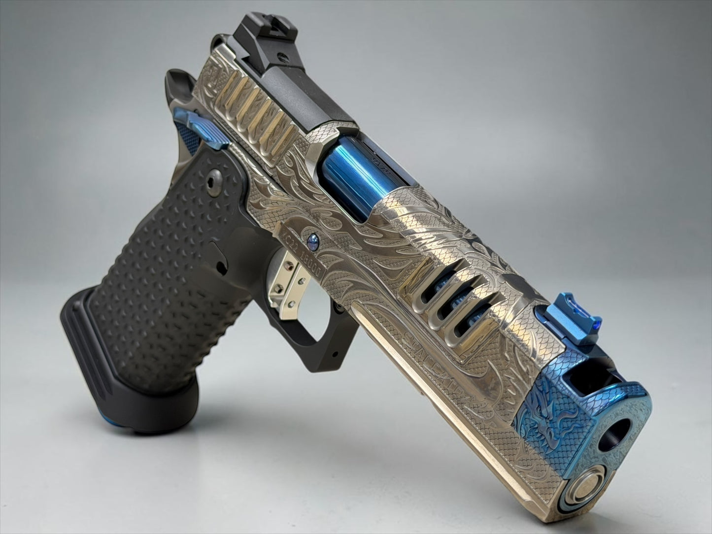 STACCATO CUSTOM XC “TRIBAL DRAGON” SILVER/BLUE PVD WITH ATLAS GRIPS