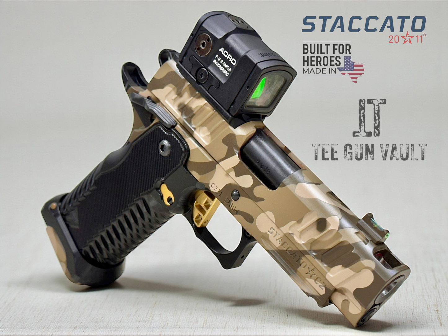 STACCATO CUSTOM C2 PORTED 3.9"
MULTICAM WITH T7 ALUMINUM GRIPS, AIMPOINT ACRO P2 & RED DIRT "GOLD" TRIGGER