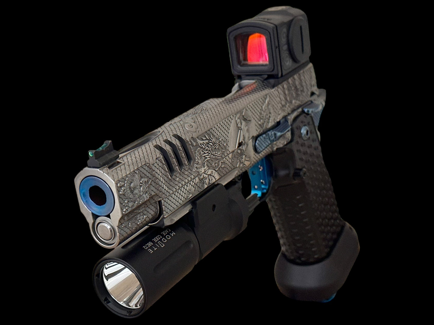 STACCATO CUSTOM XL “LAST SAMURAI” FULLY ENGRAVED PORTED IN SILVER/BLUE POLISHED PVD FINISH. ATLAS GRIPS AND TRIGGER