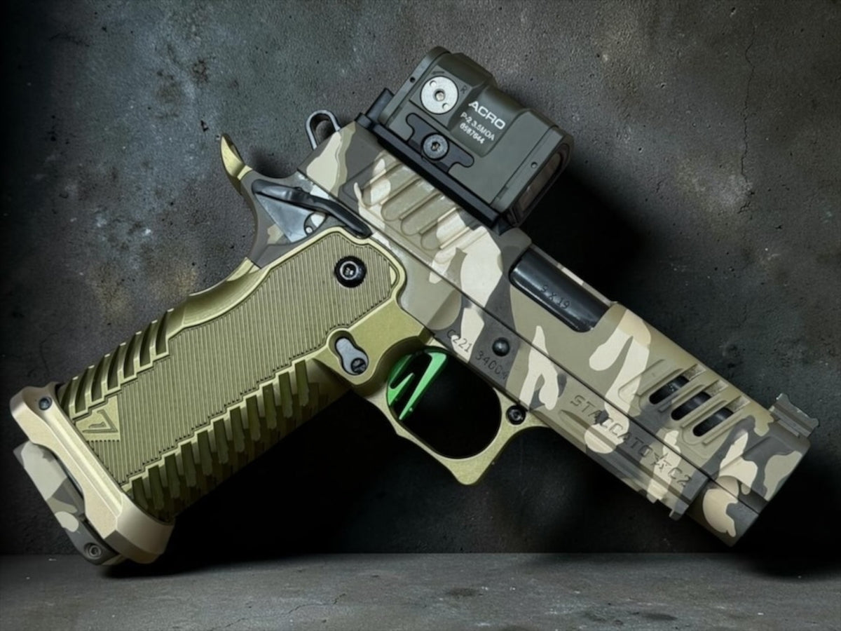 STACCATO CUSTOM C2 PORTED 3.9"
MULTICAM WITH T7 ALUMINUM GRIPS, AIMPOINT ACRO P2 & EDGE "GREEN" TRIGGER
