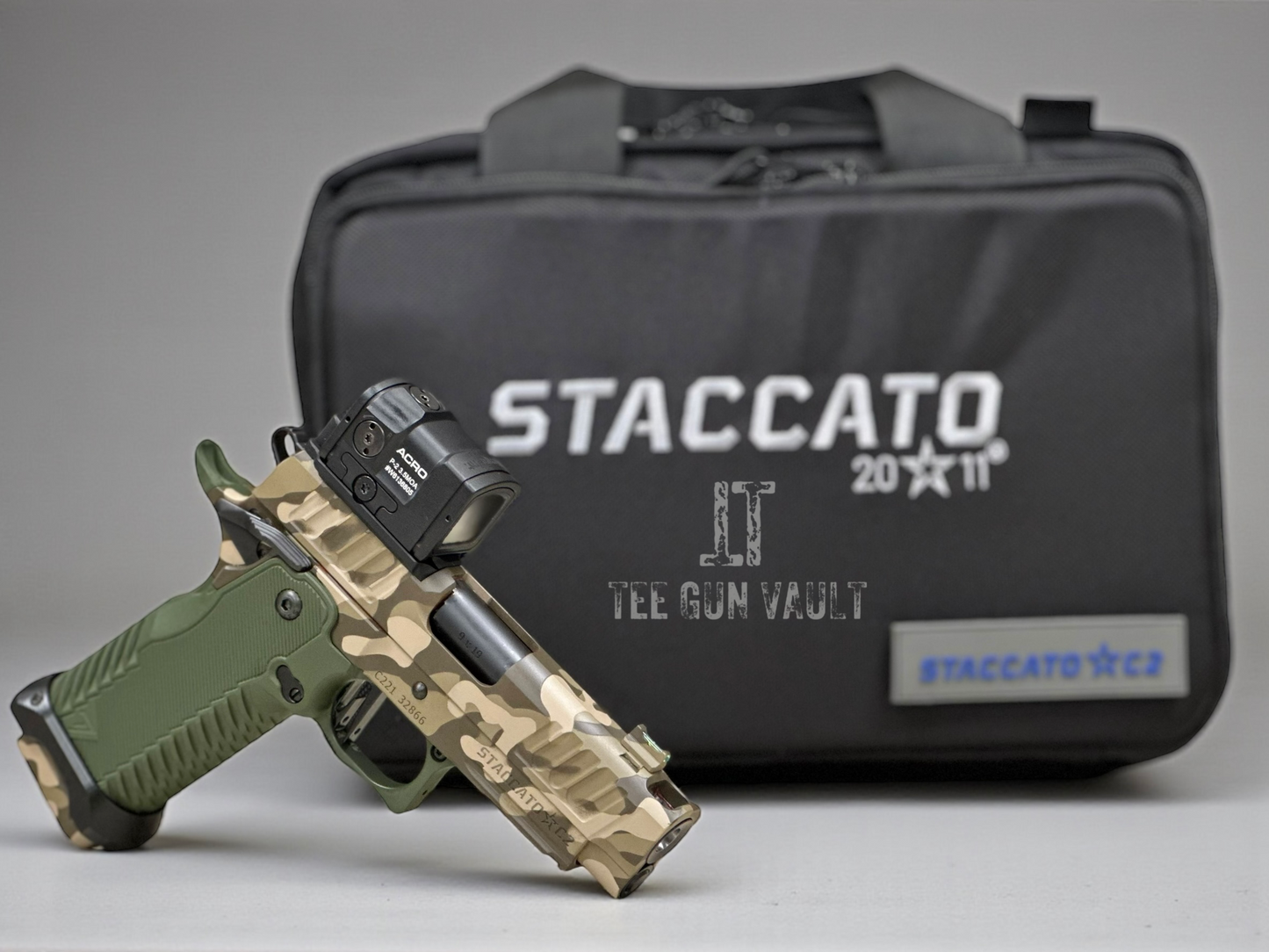 STACCATO CUSTOM C2 PORTED 3.9” MULTICAM WITH T7 ALUMINUM GRIPS, AIMPOINT ACRO P2 & RED DIRT “EDGE” TRIGGER