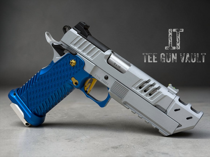 STACCATO C2 C SERIES CUSTOM COMPENSATED SILVER WITH BLUE T7 ALUMINUM GRIPS AND EDGE TRIGGER