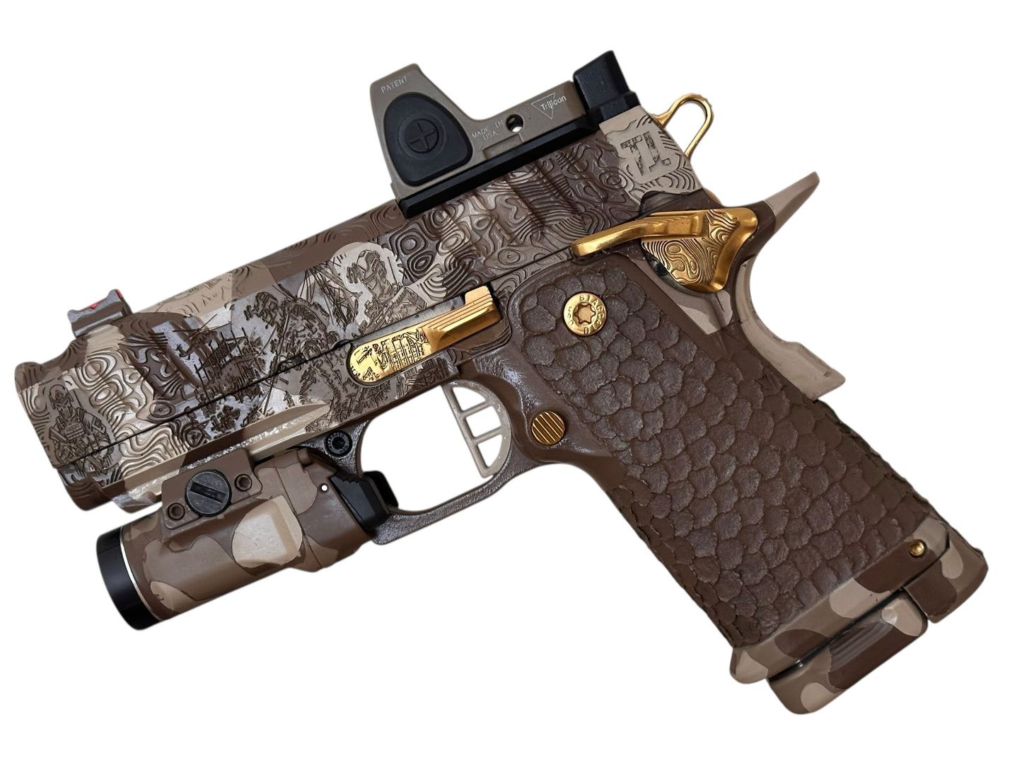 STACCATO CUSTOM CS “BLACK OPS” TIN BARREL 3.5” MULTI CAM CERAKOTE WITH TRIJICON RMR / TLR 7 SUB