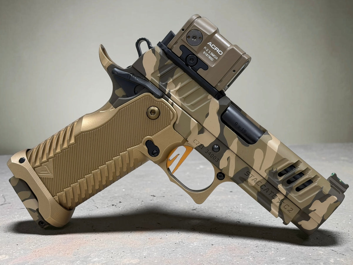 STACCATO CUSTOM C2 PORTED 3.9"
MULTICAM WITH T7 ALUMINUM GRIPS, APE AIMPOINT ACRO P2 & RED DIRT "EDGE" TRIGGER
