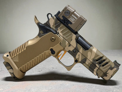 STACCATO CUSTOM C2 PORTED 3.9"
MULTICAM WITH T7 ALUMINUM GRIPS, APE AIMPOINT ACRO P2 & RED DIRT "EDGE" TRIGGER