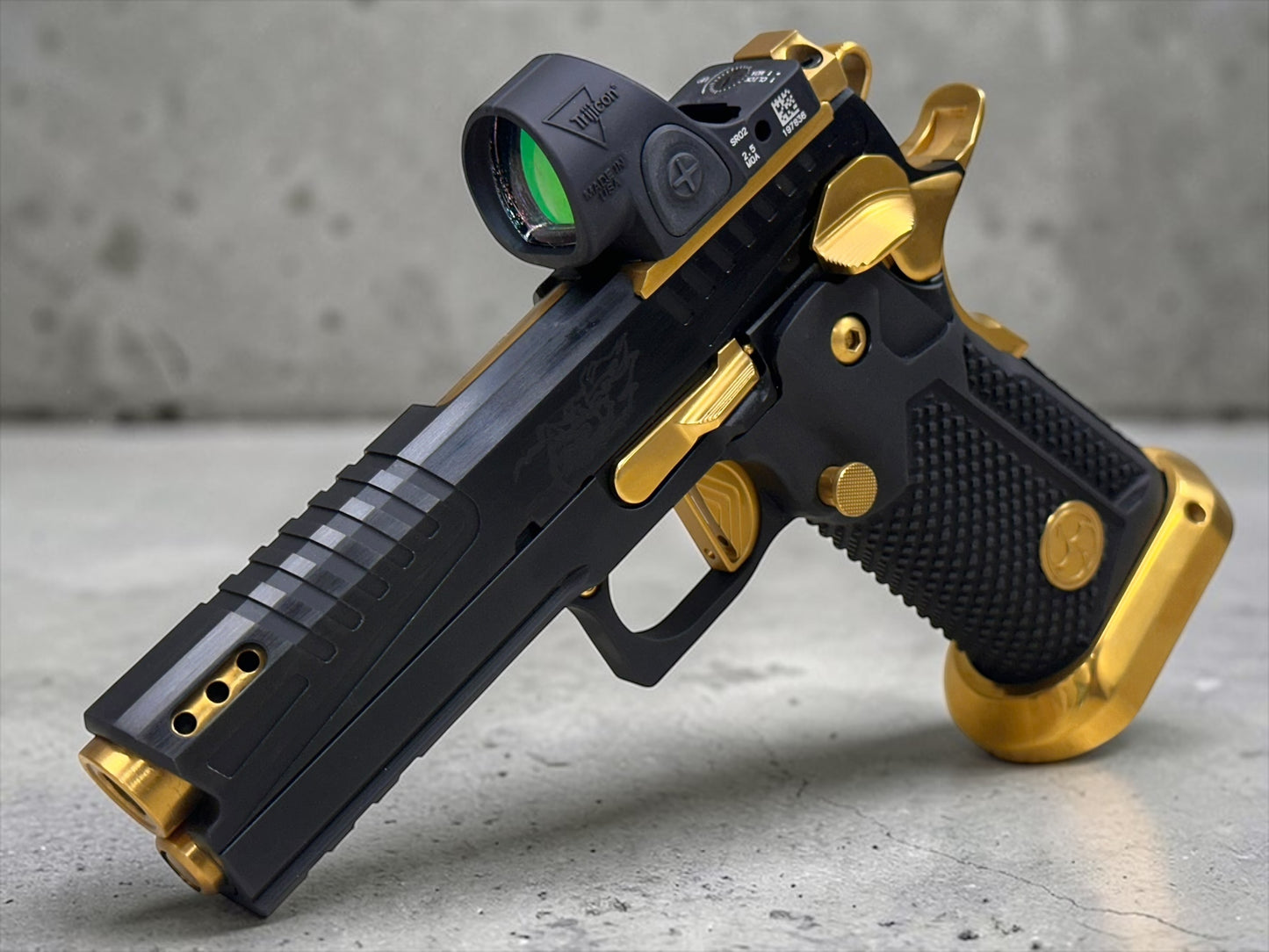 AKAI CUSTOM “DRAGON” PORTED LIMITED EDITION 1 OF 10 BLACK/ GOLD PVD FINISH WITH TRIJICON SRO 9MM