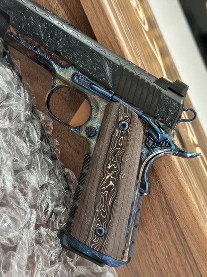 KINGS RIVER CUSTOM LEVEL III; CUSTOM WOOD DISPLAY CASE. HAND ENGRAVED CASE HARDENED .45ACP