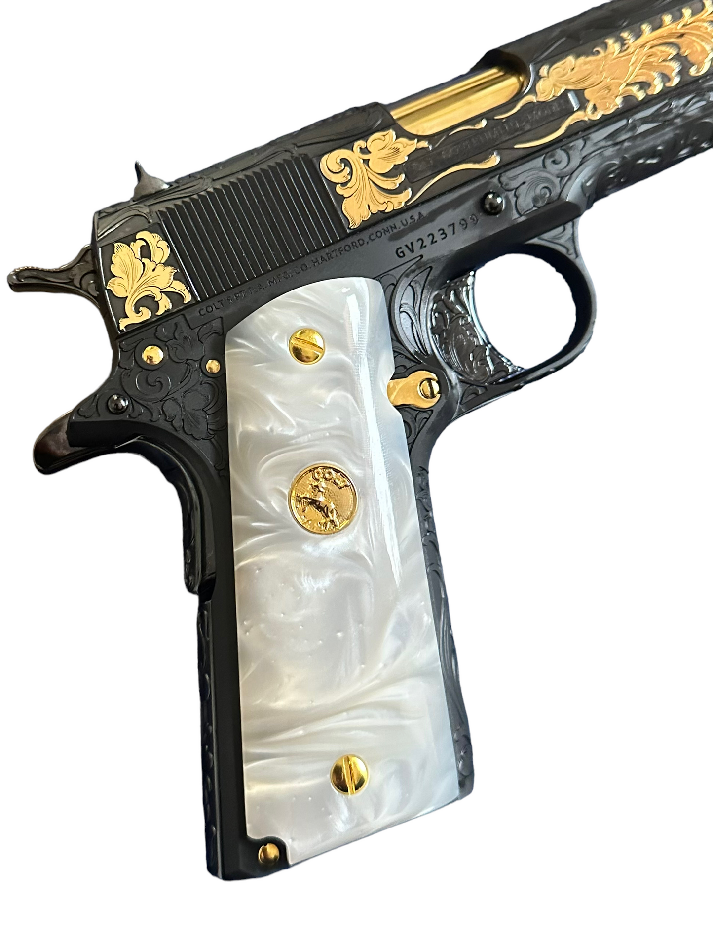 CUSTOM COLT 1911 GOVERNMENT FULLY ENGRAVED, BLUED WITH 24K GOLD PLATED ACCENTS