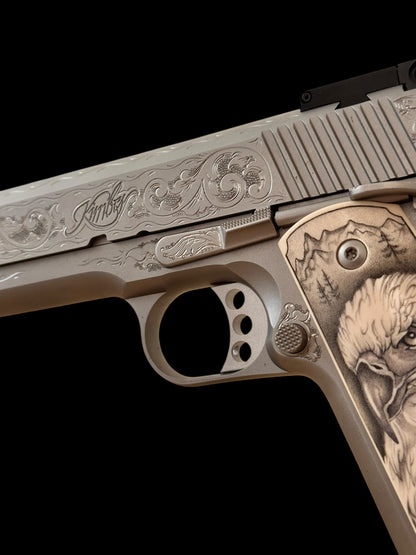 Kimber 1911 Stainless Target long slide hand engraved with custom grips. .45acp