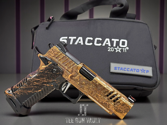 STACCATO CUSTOM P “BLACKOPS” PORTED POLISHED COPPER/BLACK DLC FINISH WITH T7 GRIPS AND RED DIRT “EDGE” TRIGGER 2 BARRELS