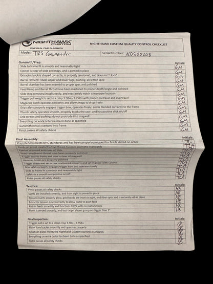 NIGHTHAWK CUSTOM TRS COMMANDER “ICEMAN” SAND HAWK SERRATED OPTIC CUT DOUBLE STACK