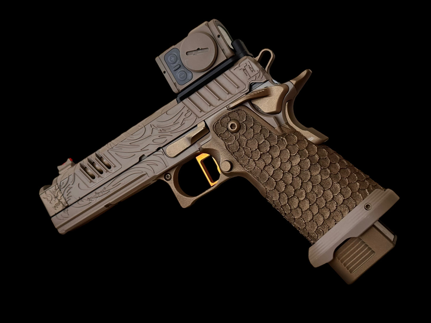 STACCATO CUSTOM XC ENGRAVED TRIBAL DRAGON TAN/BRONZE CERAKOTE FINISH WITH INFINITY TRIGGER AND ACRO P2