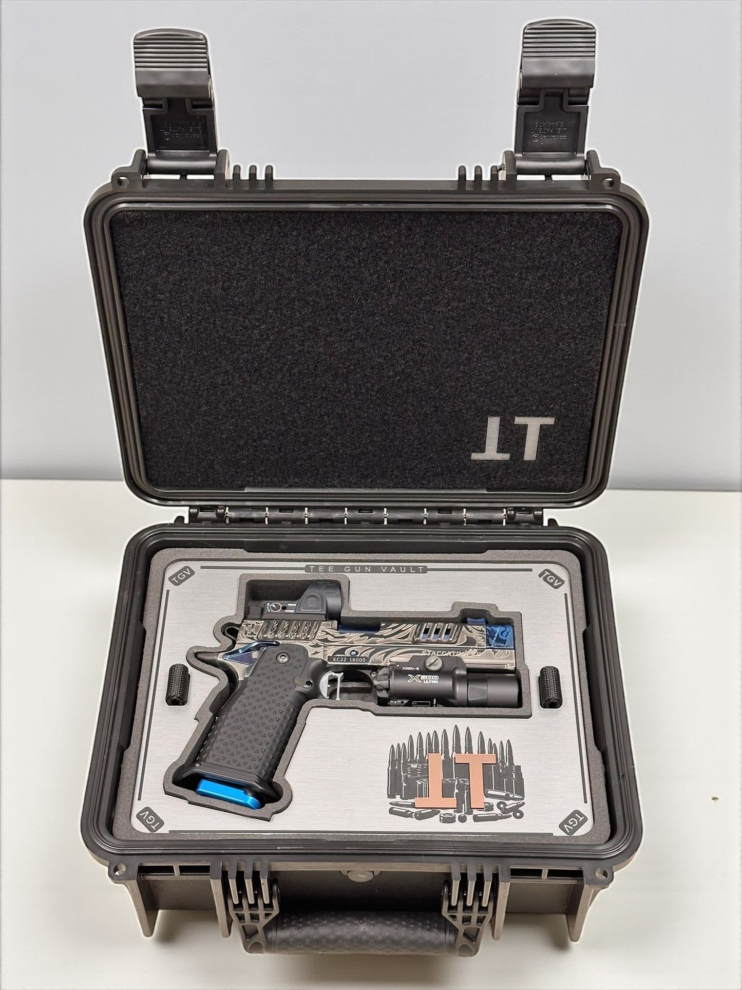 STACCATO CUSTOM XC “TRIBAL DRAGON” SILVER/BLUE PVD WITH ATLAS GRIPS SRO & X300 2 GRIPS