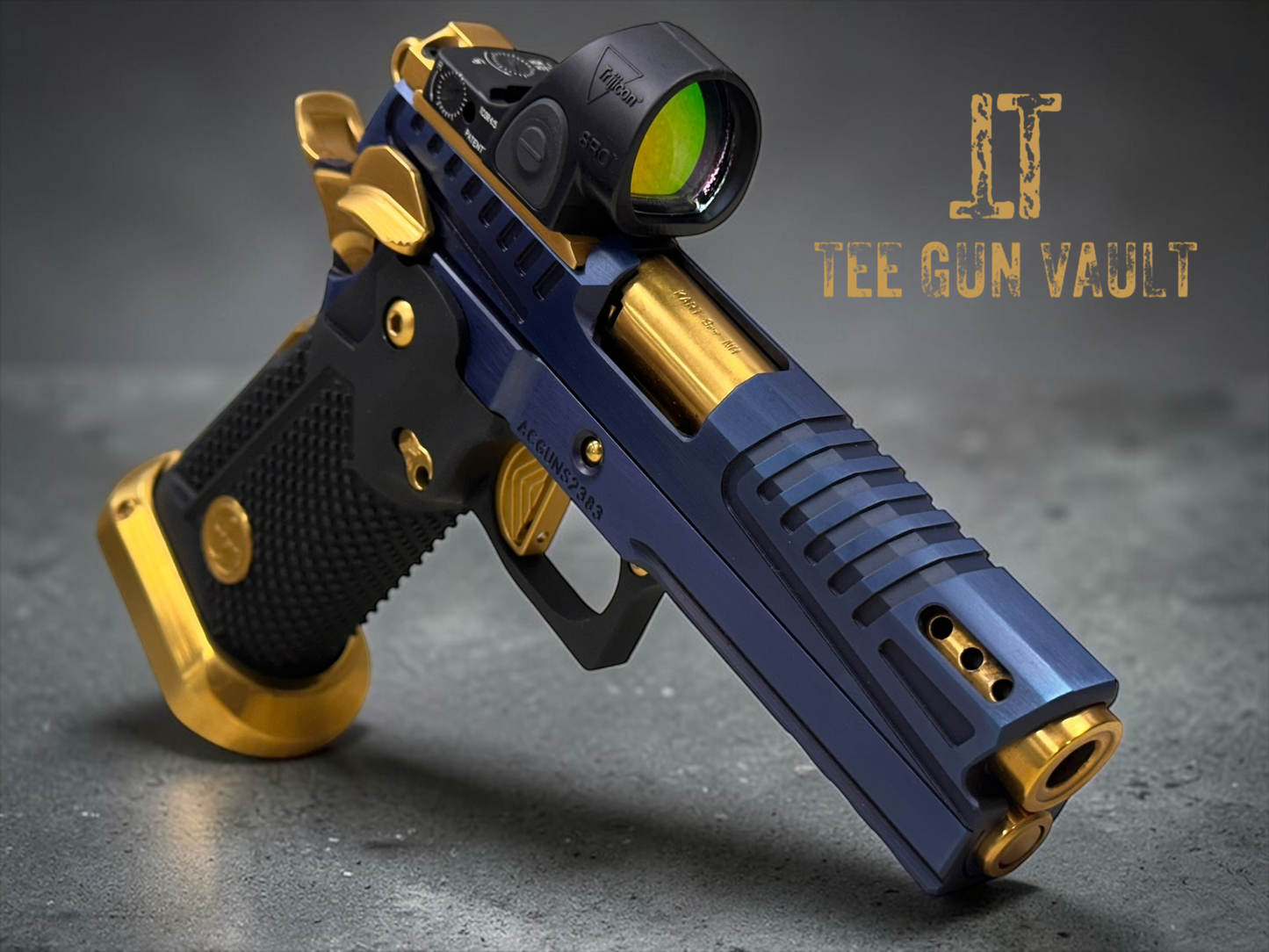 AKAI CUSTOM “DRAGON” PORTED LIMITED EDITION 1 OF 10 BLUE/ GOLD PVD FINISH WITH TRIJICON SRO 9MM (PRE OWNED)