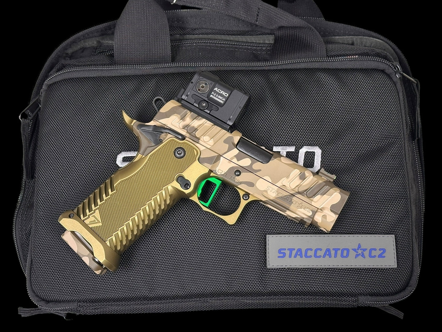 STACCATO CUSTOM C2 PORTED 3.9"
MULTICAM WITH T7 ALUMINUM GRIPS, AIMPOINT ACRO P2 & INFINITY "GREEN" TRIGGER