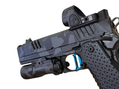 STACCATO CUSTOM XC BLACK CAMO WITH ATLAS METAL GRIPS AND TRIGGER TRIJICON SRO & X300