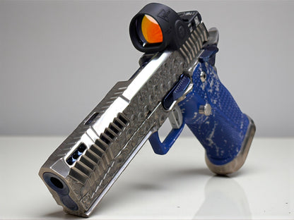 DARK FORGE WRAITH “VITA FINITA” POLISHED SILVER/BLUE FINISH WITH BLACK SRO 4.6” PORTED 9MM