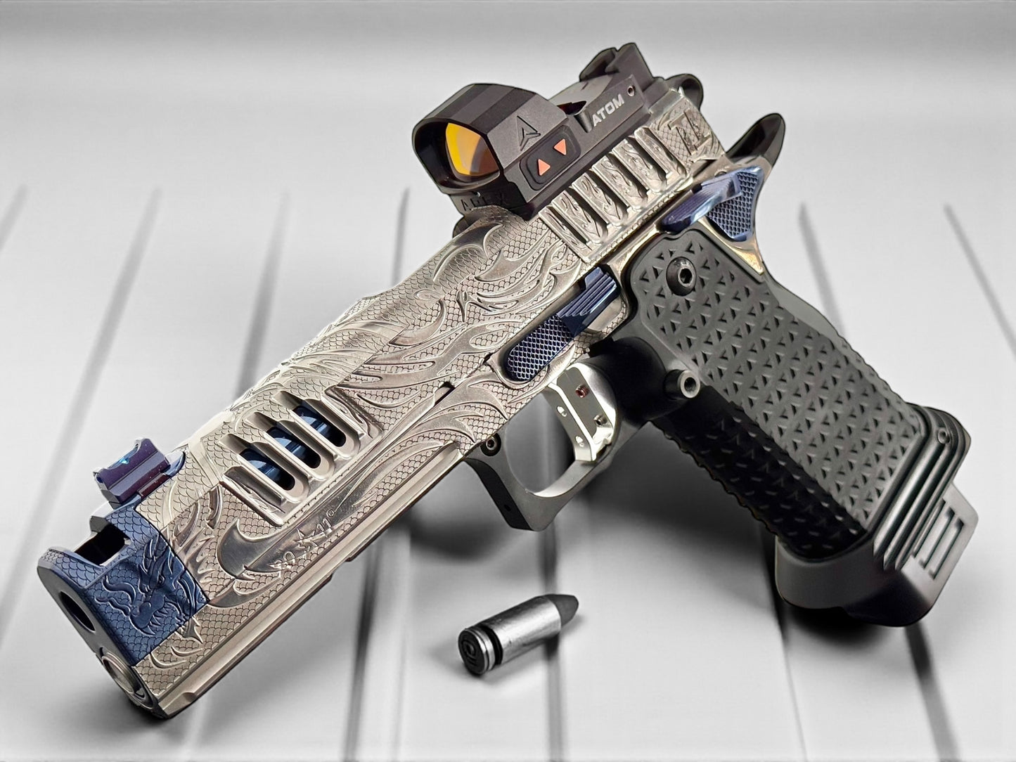 STACCATO CUSTOM XC “TRIBAL DRAGON” SILVER/BLUE PVD WITH ATLAS GRIPS AND APEX ATOM OPTIC