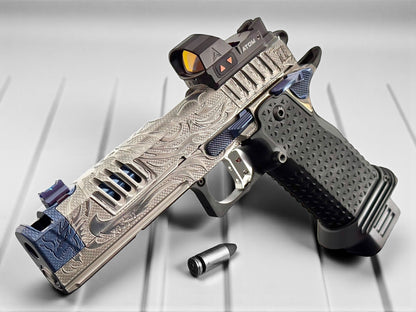 STACCATO CUSTOM XC “TRIBAL DRAGON” SILVER/BLUE PVD WITH ATLAS GRIPS AND APEX ATOM OPTIC