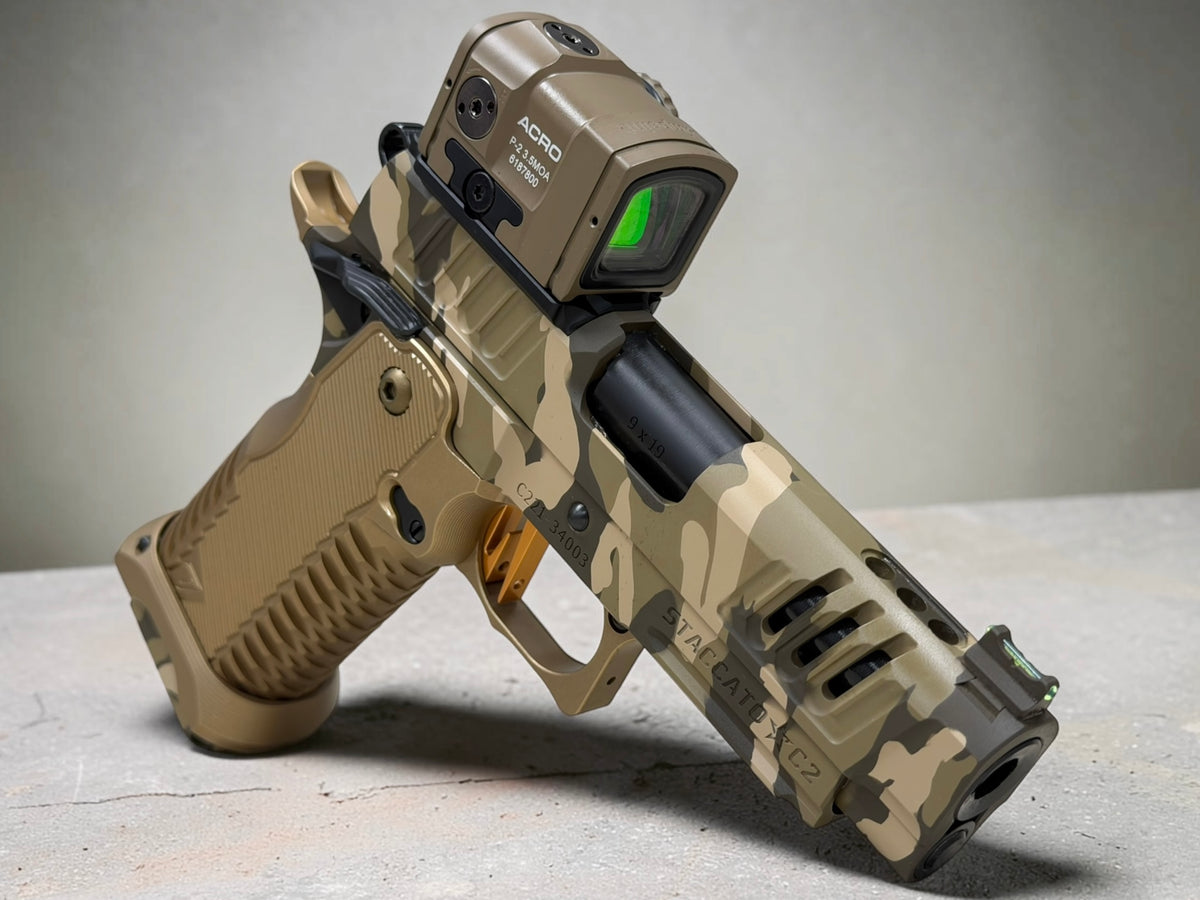 STACCATO CUSTOM C2 PORTED 3.9"
MULTICAM WITH T7 ALUMINUM GRIPS, APE AIMPOINT ACRO P2 & RED DIRT "EDGE" TRIGGER