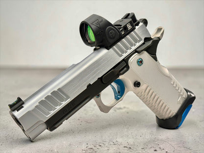 STACCATO P RARE POLISHED HARD CHROME SLIDE W ANODIZED T7 SILVER ALUMINUM GRIP SRO AND ATLAS TRIGGER