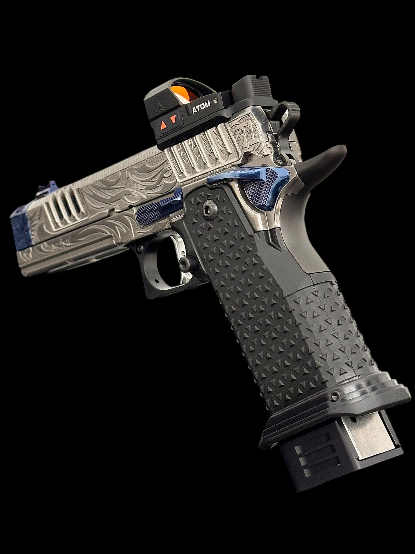 STACCATO CUSTOM XC “TRIBAL DRAGON” SILVER/BLUE PVD WITH ATLAS GRIPS AND APEX ATOM OPTIC