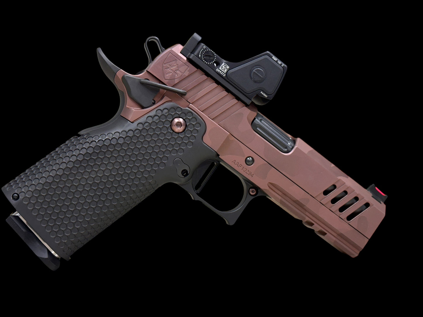 ALPHA AMERICAN VANGUARD 4.25” PORTED DLC ROSE GOLD CAMO WITH TRIJICON RMR HD AND ALUMINUM GRIPS 9mm