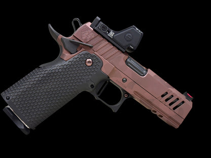 ALPHA AMERICAN VANGUARD 4.25” PORTED DLC ROSE GOLD CAMO WITH TRIJICON RMR HD AND ALUMINUM GRIPS 9mm