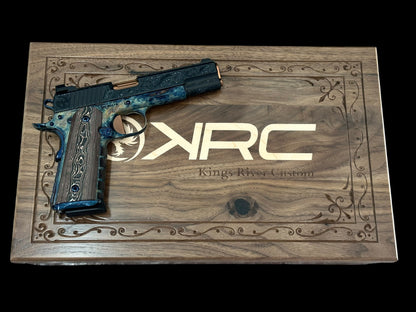 KINGS RIVER CUSTOM LEVEL III; CUSTOM WOOD DISPLAY CASE. HAND ENGRAVED CASE HARDENED .45ACP