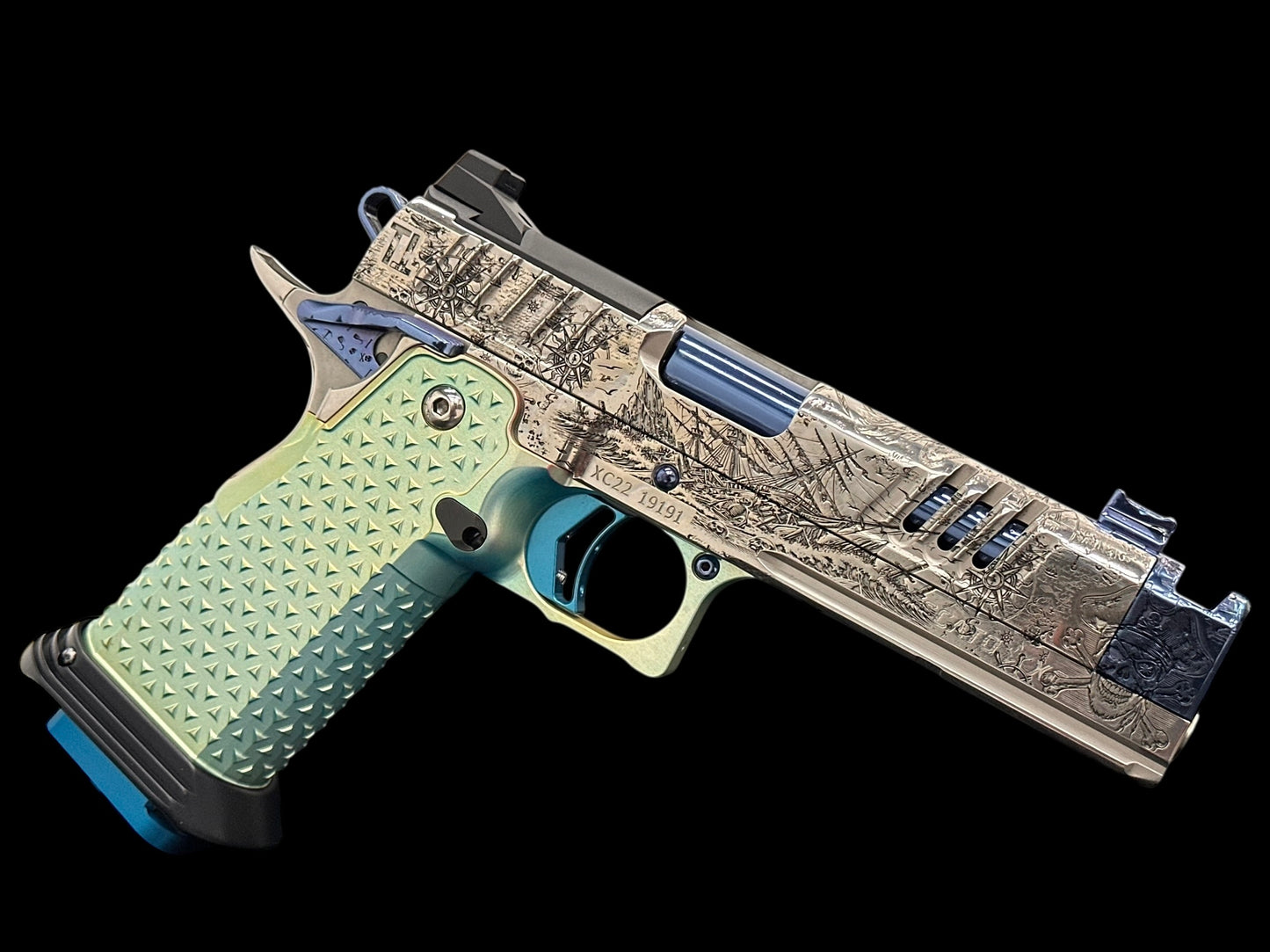 STACCATO CUSTOM XC “PIRATES” POLISHED SILVER/BLUE PVD FINISH WITH ATLAS ANODIZED GRIPS,TRIGGER AND MAG
