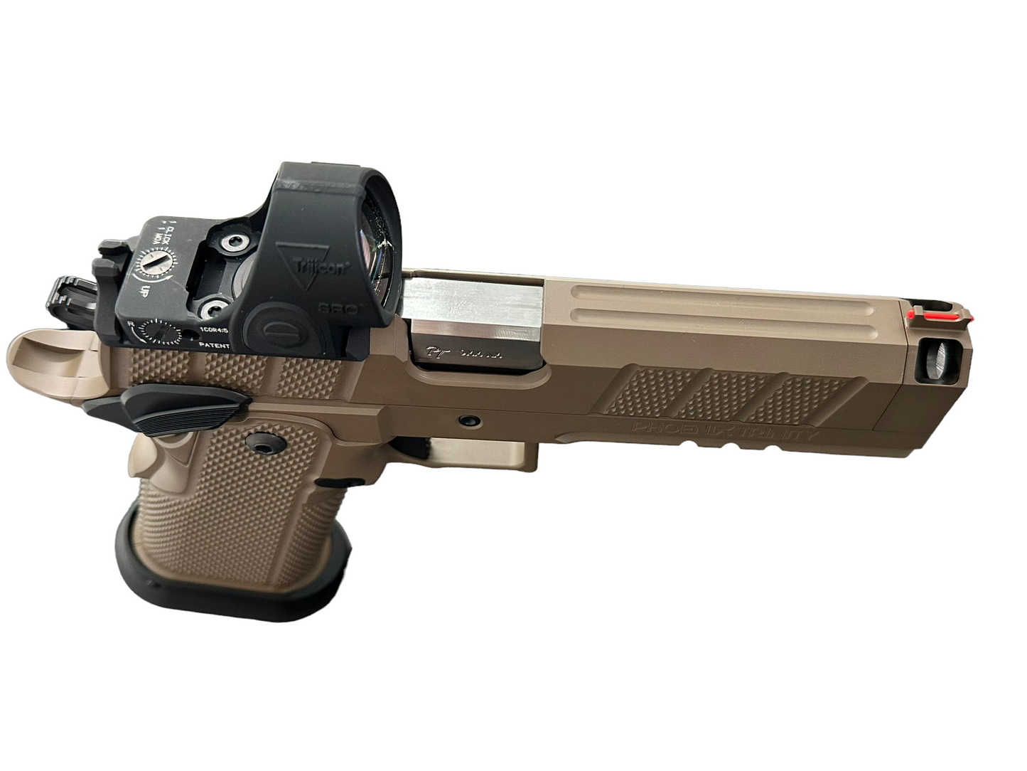 PHOENIX TRINITY H PRO FDE WITH BLACK CONTROLS 9MM COMP’D WITH TRIJICON SRO AND UPGRADES