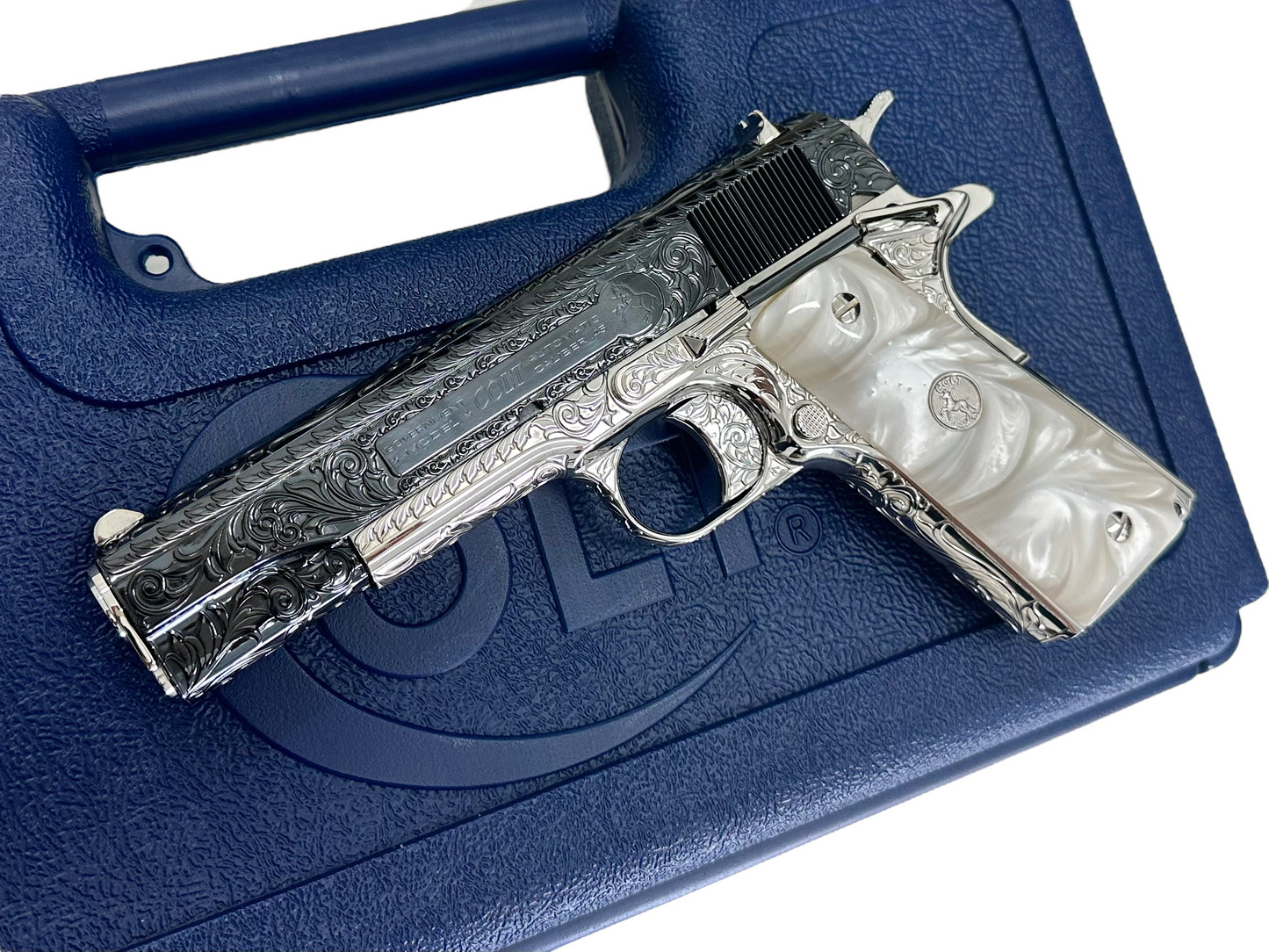 COLT CUSTOM 1911 FULLY ENGRAVED POLISHED AND 2 TONE NICKEL PLATED WITH ROYAL BLUE SLIDE