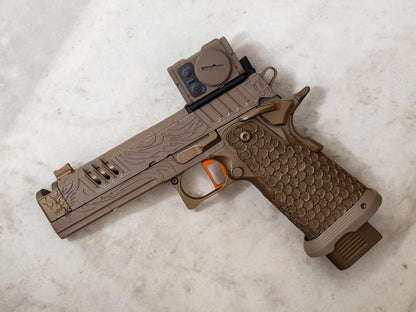 STACCATO CUSTOM XC ENGRAVED TRIBAL DRAGON TAN/BRONZE CERAKOTE FINISH WITH INFINITY TRIGGER AND ACRO P2