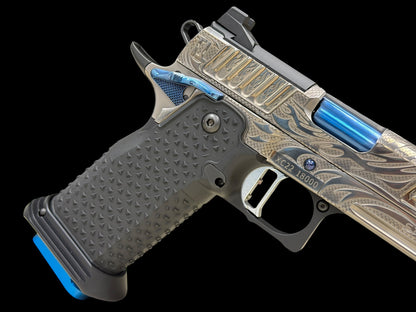 STACCATO CUSTOM XC “TRIBAL DRAGON” SILVER/BLUE PVD WITH ATLAS GRIPS