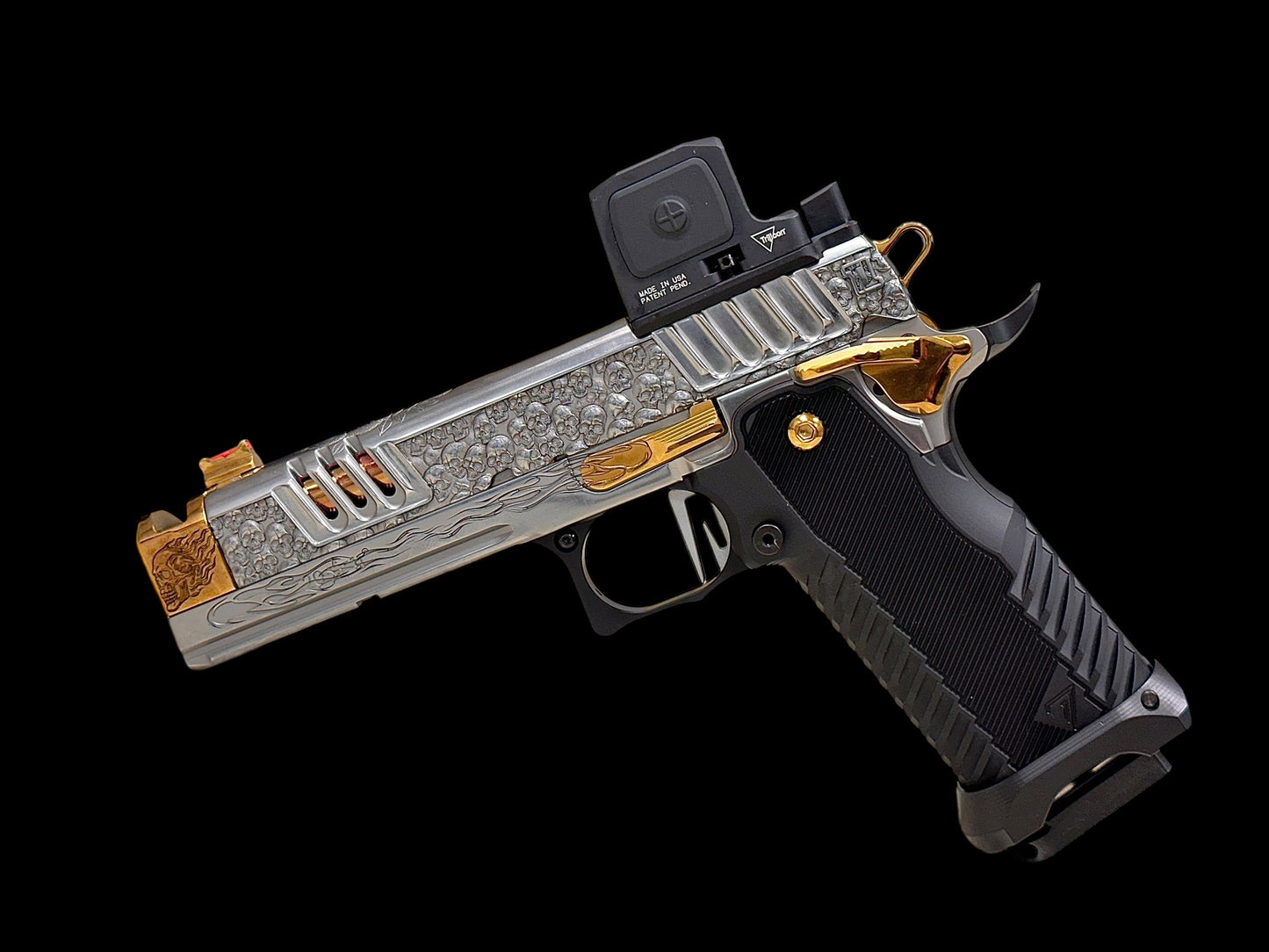 STACCATO CUSTOM XC “VITA FINITA” SILVER/COPPER WITH T7 GRIPS, TRIJICON RCR AND EDGE TRIGGER.