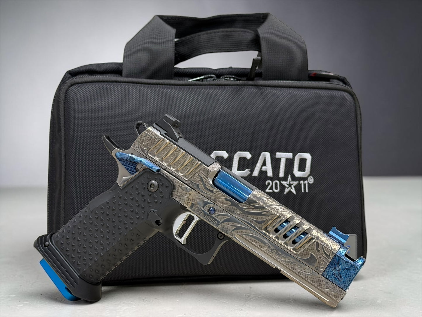 STACCATO CUSTOM XC “TRIBAL DRAGON” SILVER/BLUE PVD WITH ATLAS GRIPS