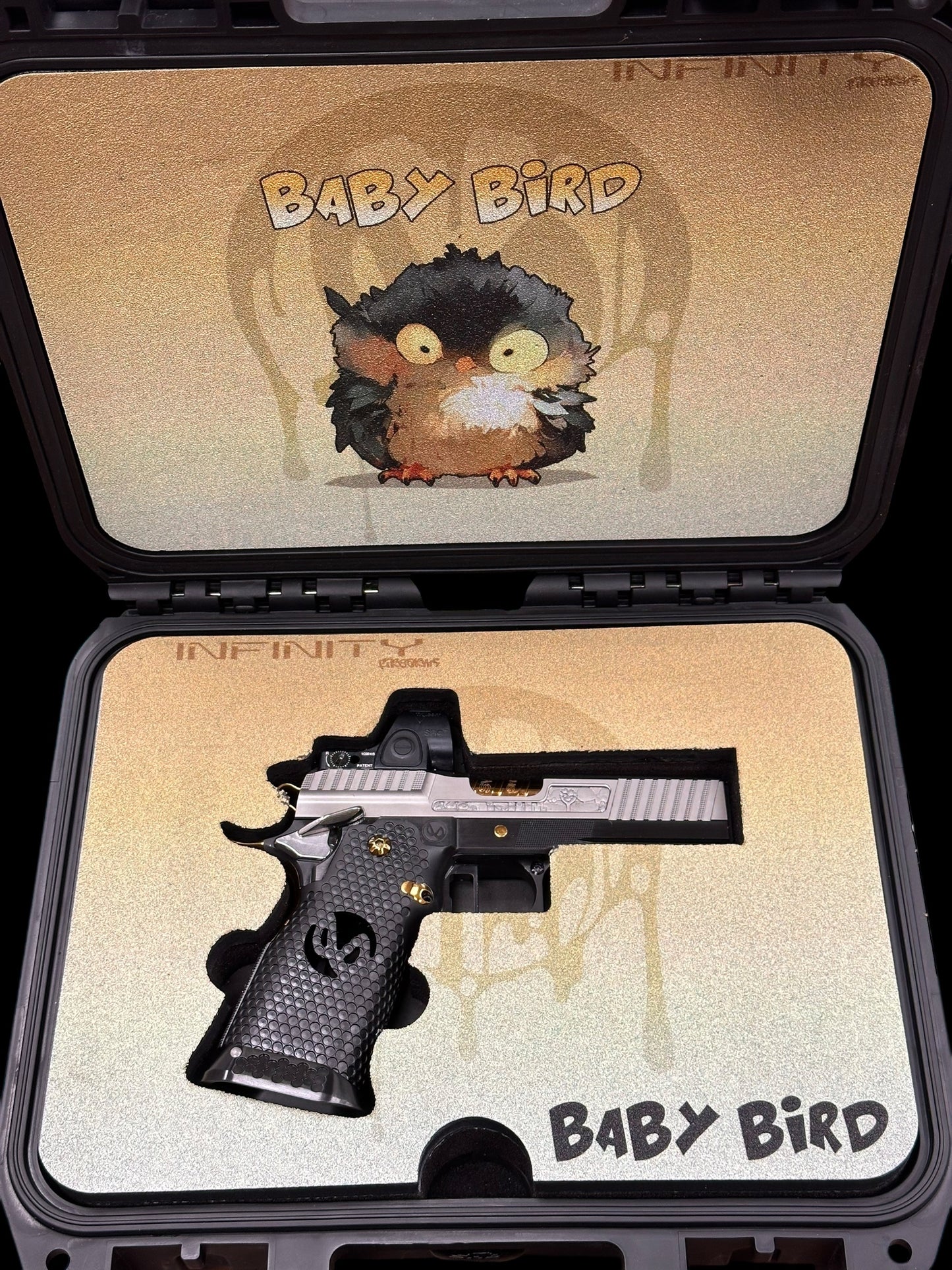 SVI/INFINITY “ANGRY” BABY BIRD CUSTOM 1 OF 1 COMMANDER SIGHT TRACKER 4.25” WITH TRIJICON SRO 9MM
