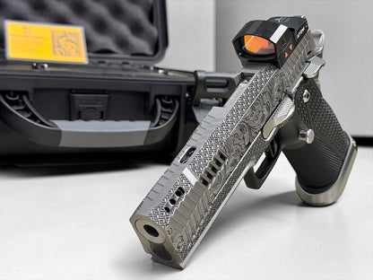 DARK FORGE WRAITH PORTED CUSTOM SCROLL ENGRAVED IN PVD SILVER FINISH WITH APEX ATOM OPTIC