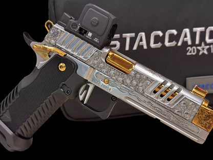 STACCATO CUSTOM XC “VITA FINITA” SILVER/COPPER WITH T7 GRIPS, TRIJICON RCR AND EDGE TRIGGER.