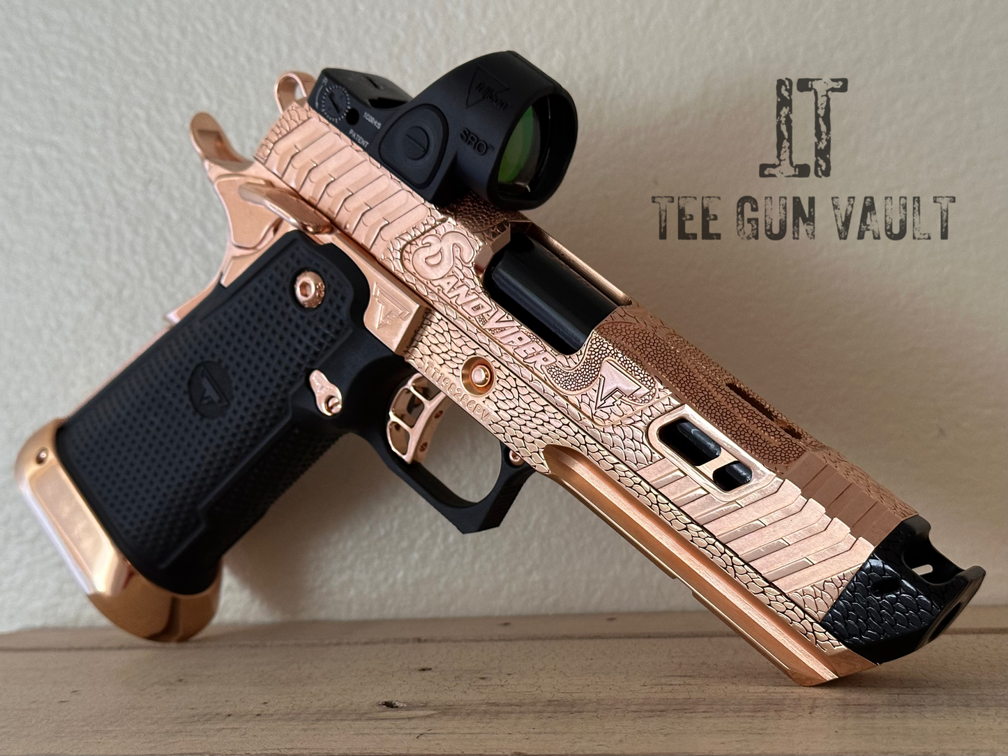 TARAN TACTICAL SAND VIPER “SOLARA” BLACKTIP 18K ROSE GOLD NEW GRIPS 2011 9MM SRO