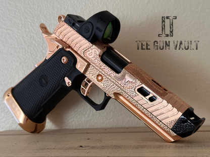 TARAN TACTICAL SAND VIPER “SOLARA” BLACKTIP 18K ROSE GOLD NEW GRIPS 2011 9MM SRO
