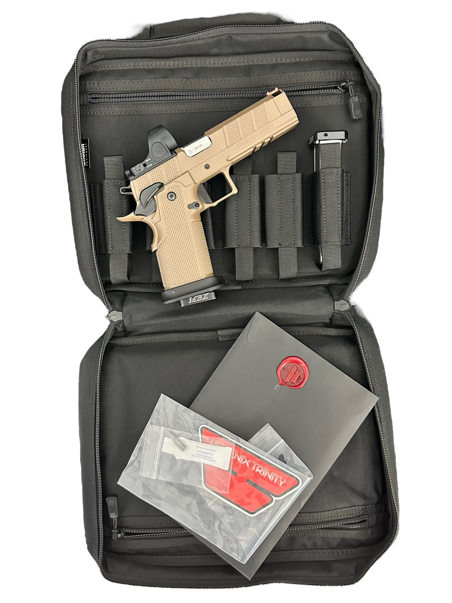 PHOENIX TRINITY H PRO FDE WITH BLACK CONTROLS 9MM COMP’D WITH TRIJICON SRO AND UPGRADES