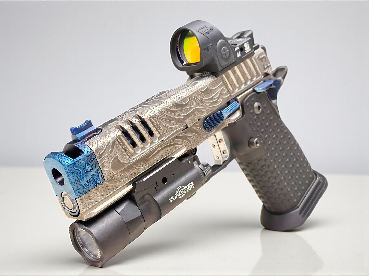 STACCATO CUSTOM XC “TRIBAL DRAGON” SILVER/BLUE PVD WITH ATLAS GRIPS SRO & X300 2 GRIPS
