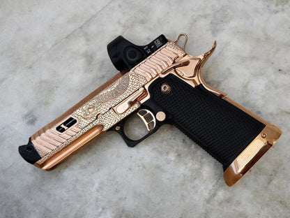 TARAN TACTICAL SAND VIPER “SOLARA” BLACKTIP 18K ROSE GOLD NEW GRIPS 2011 9MM SRO